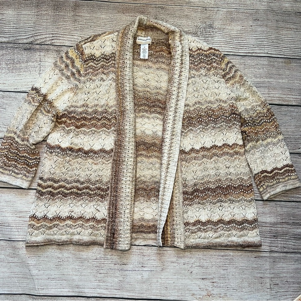 Alfred Dunner Knit Cardigan Womens 2X Brown Metallic Stripe Open Front Bohemian